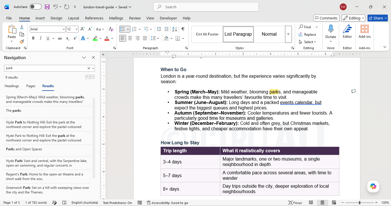 Example searching for a keyword via the navigation pane in Word